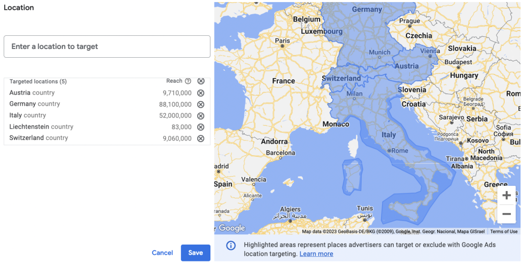 View of German speaking countries in Google Keyword Planner