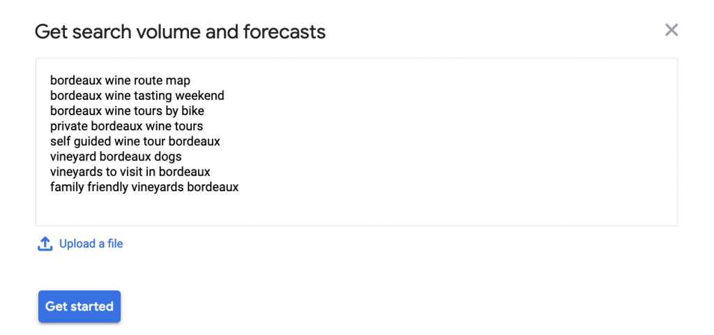 Keyword input for wine tours in Google Keyword Planner