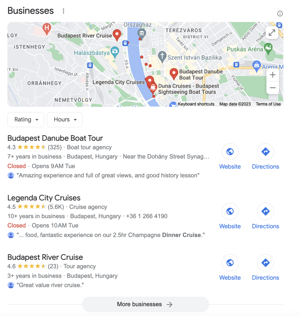 Google local SEO results for tours in Budapest