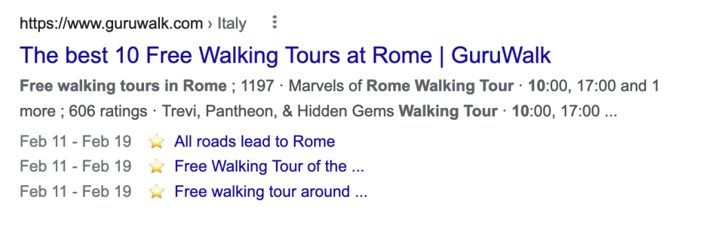 Schema markup in Google for a walking tour in Rome