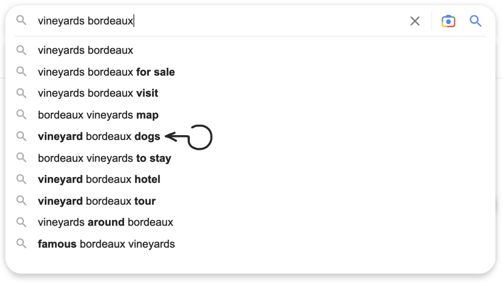 Google search suggestions for a tour operator keyword