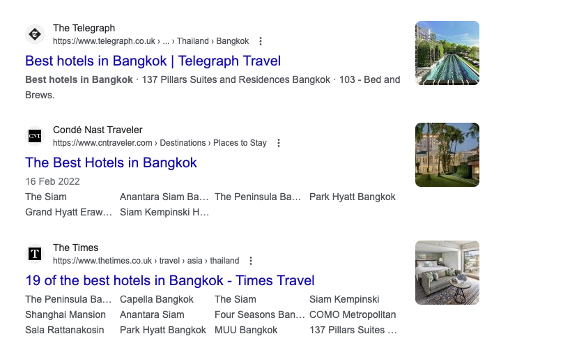 Google search engine results page for keyword 'best hotels in Bangkok', showing a range of publications