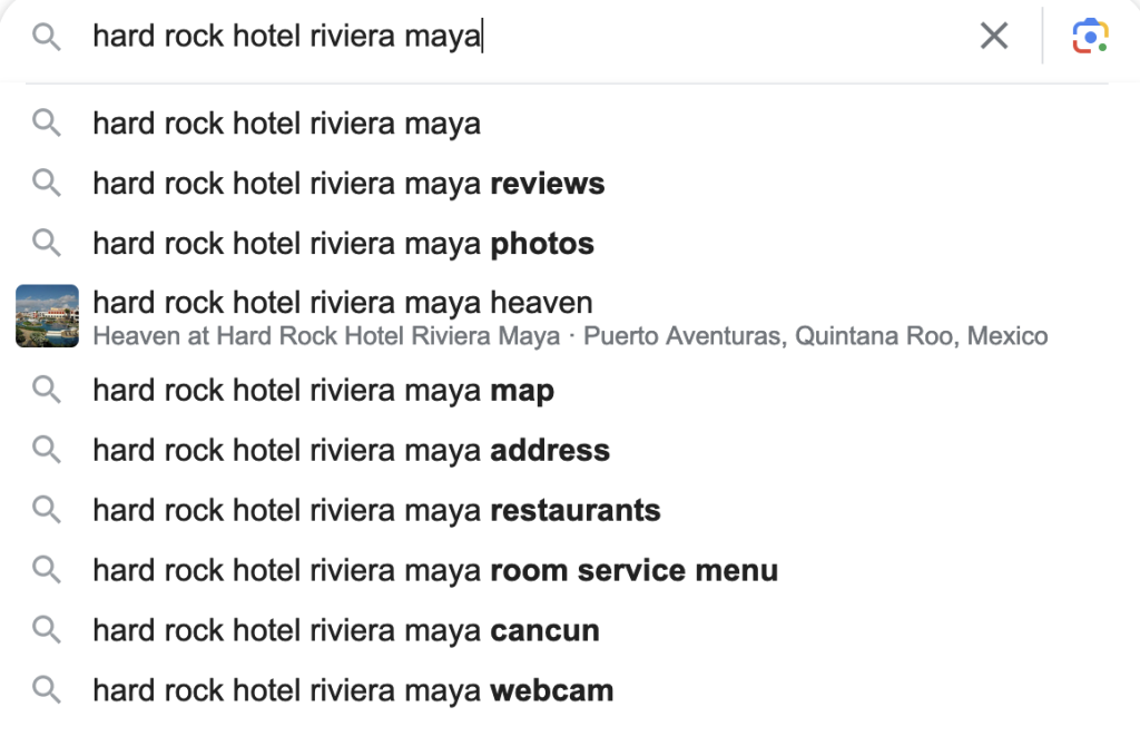 A screenshot showing the autocomplete section for a keyword related to the Hard Rock Hotel in Mexico