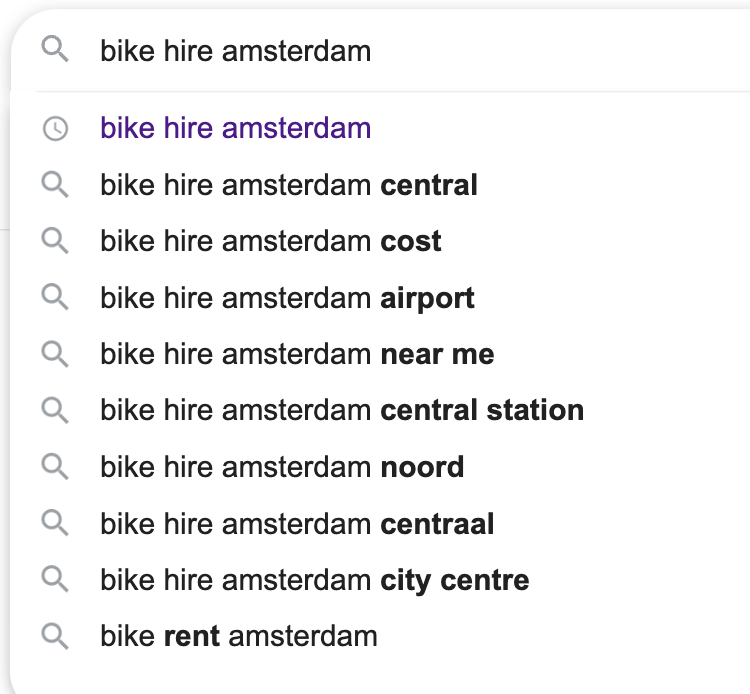 The Google autofill box for query 'bike hire amsterdam', showing a range of long-tail queries