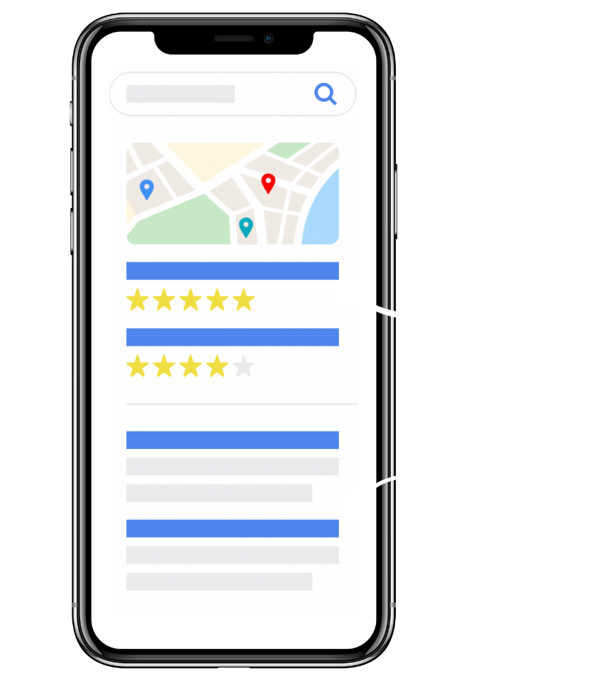 Phone mockup depicting local Google searches for travel queries