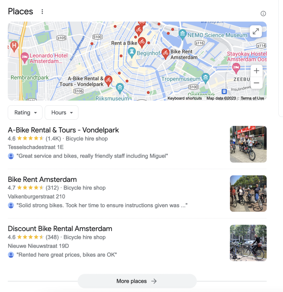 The Google map pack for query 'bike hire amsterdam', showing three businesses in the center of Amsterdam