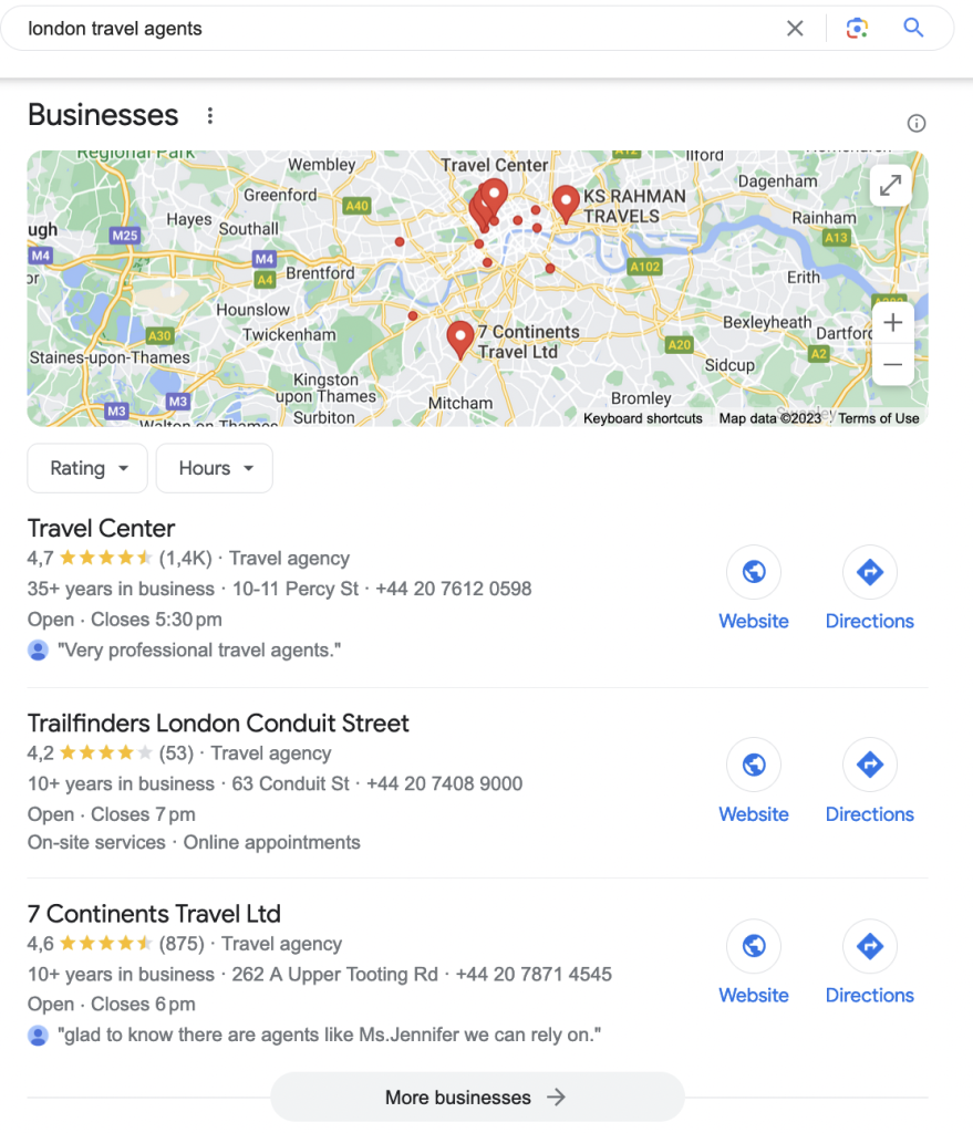 A screenshot of the Google Map Pack for keyword 'london travel agents'