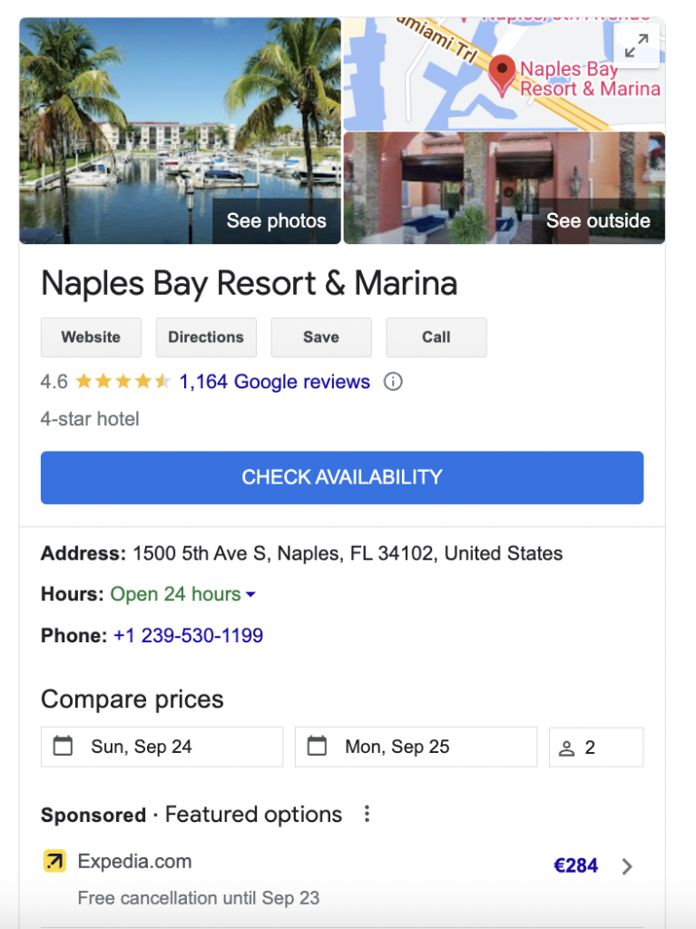 Example of a hotel business profile on Google