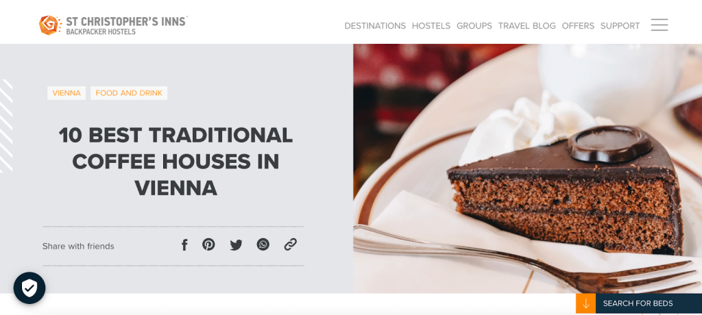 Screenshot of a hotel blog post about coffee houses