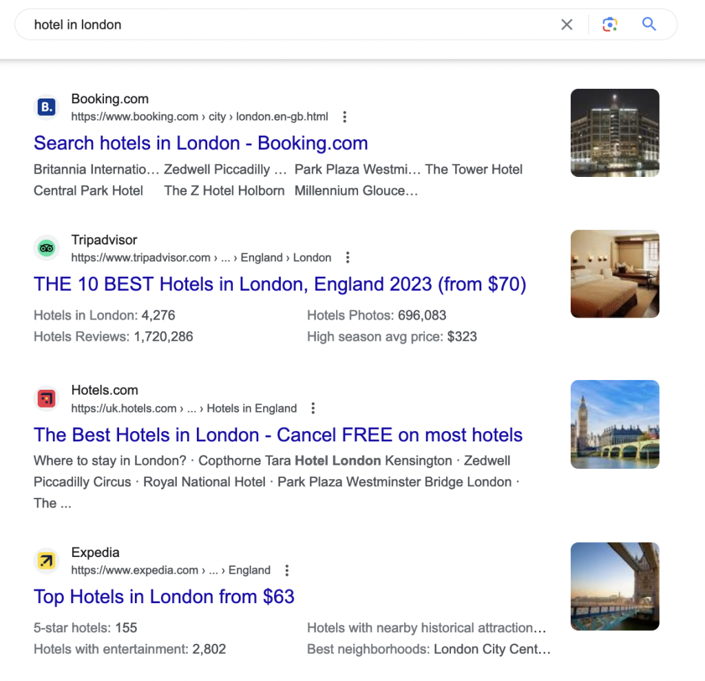 The Google results page for the keyword 'hotel in london' 