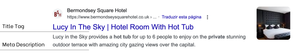 An example of a hotel title tag and meta description