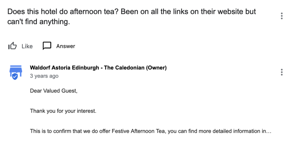 A screenshot of a Google Business Profile Q&A on a hotel profile