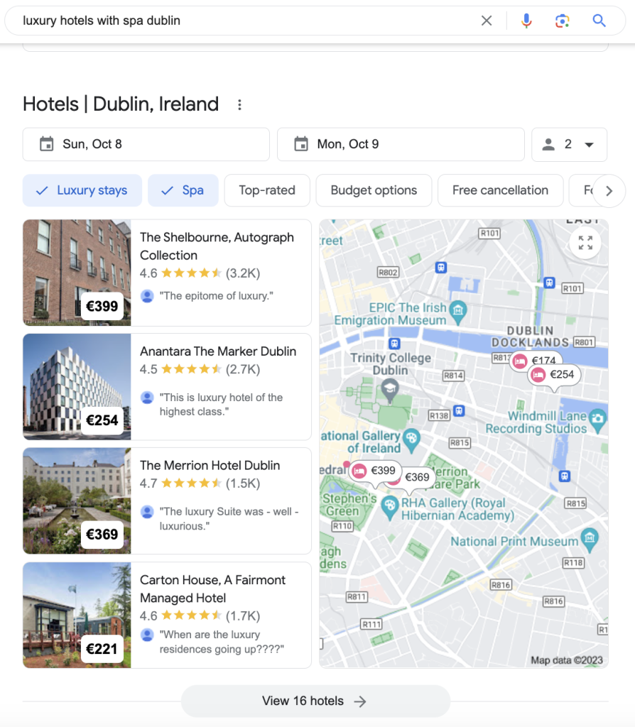 Google Hotel Pack results screenshot for an amenity-related keyword