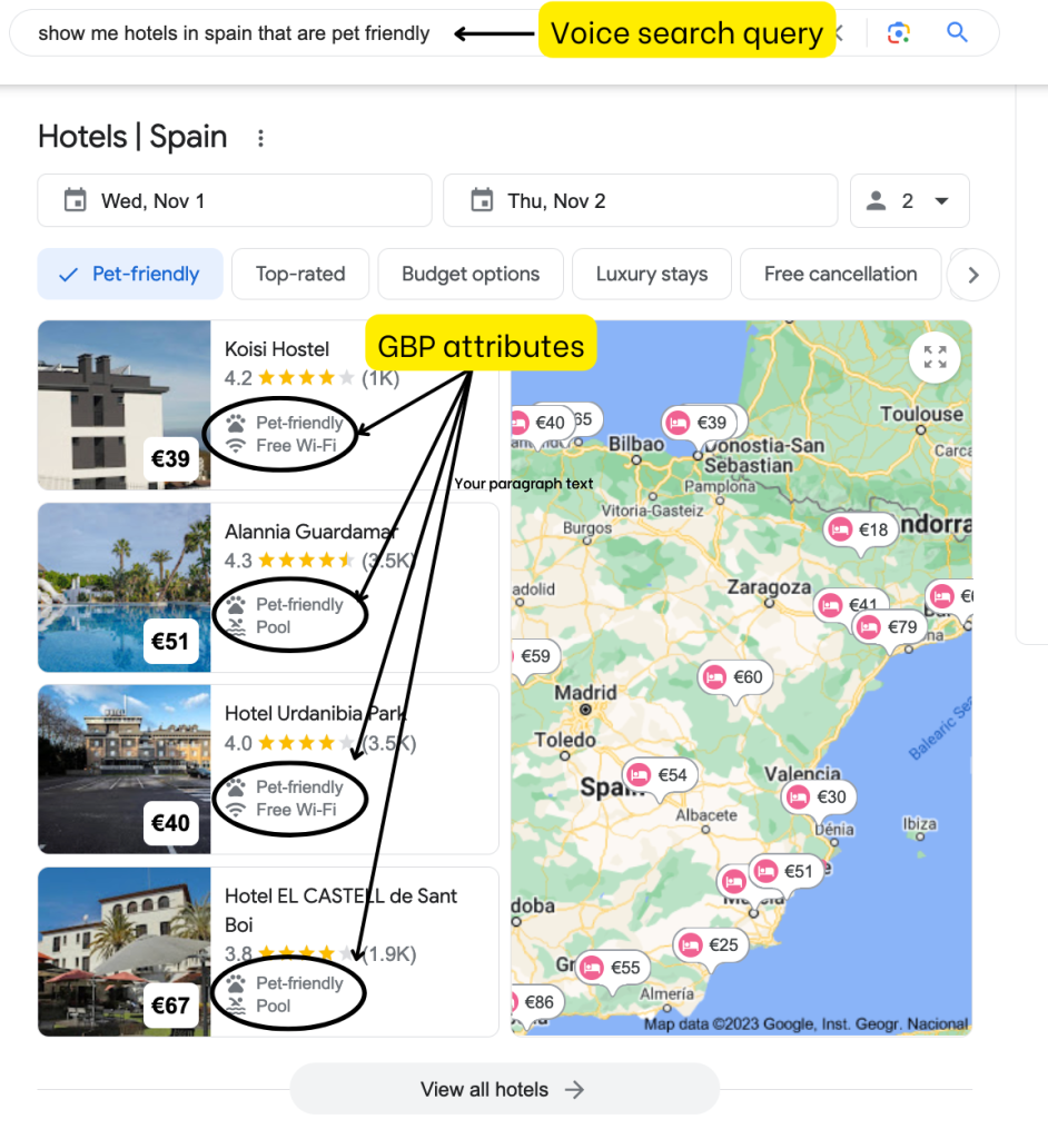 Screenshot showing local hotel results for a voice search