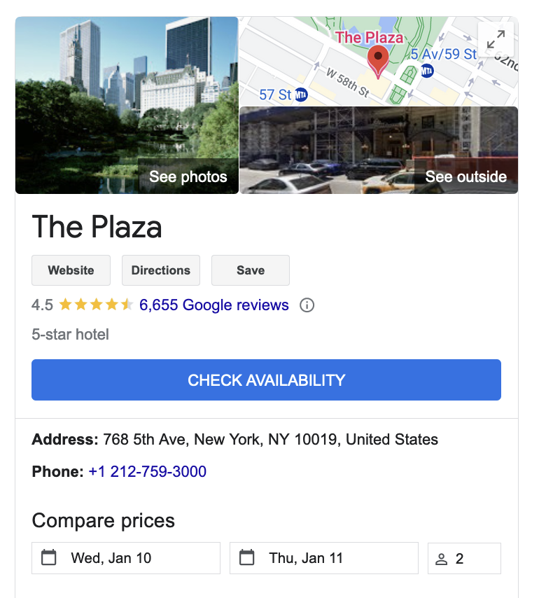 Google Business Profile screenshot for iconic NYC hotel, The Plaza