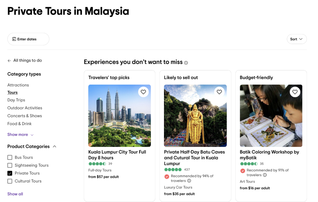 Screenshot from Tripadvisor showing private tours