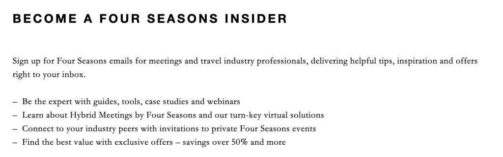 Screenshot of the Four Seasons Hotel newsletter signup form