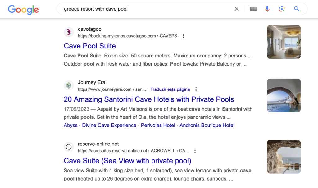 Screenshot of Google results for the keyword 'greece resort with cave pool'