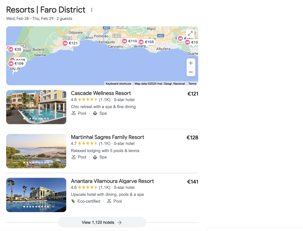 Screenshot of the Google map pack results for the keyword 'resorts in Algarve'