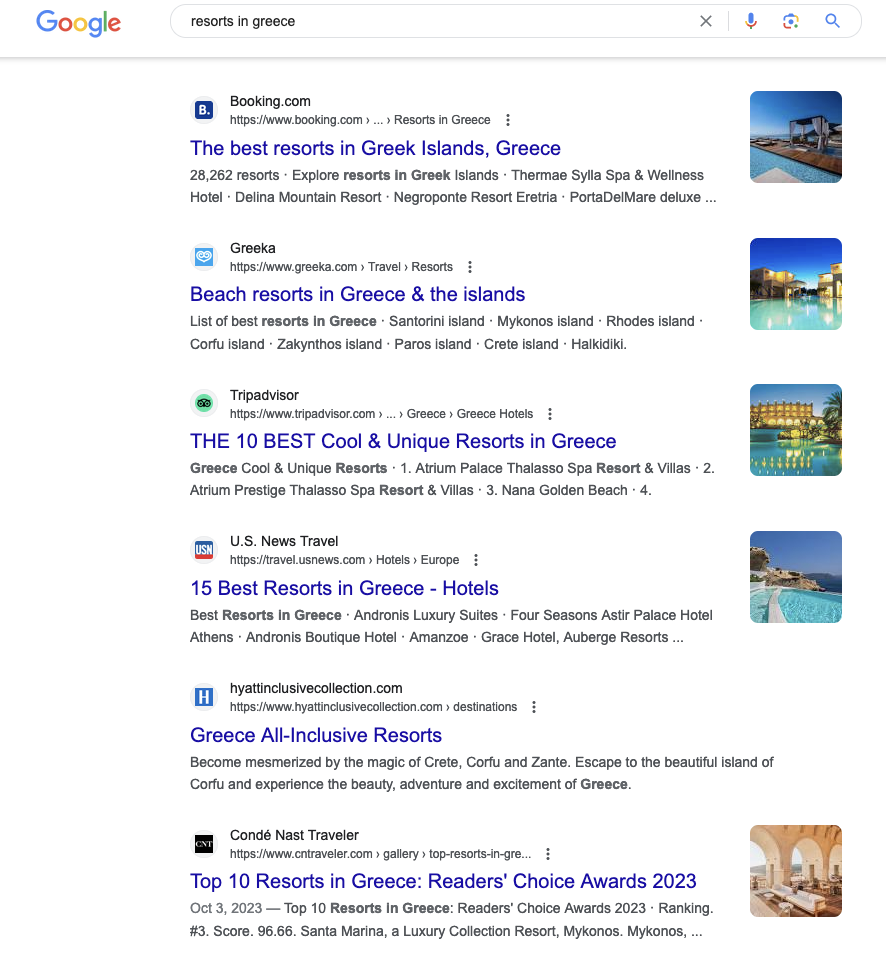 Screenshot of Google results for the keyword 'resorts in Greece'