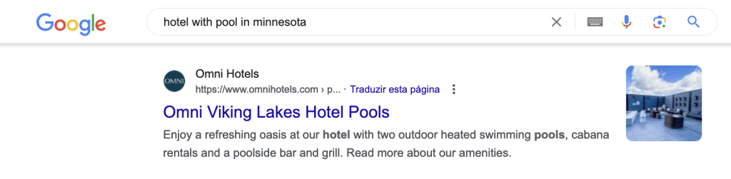 A meta description screenshot for the keyword 'hotel with pool in minnesota'