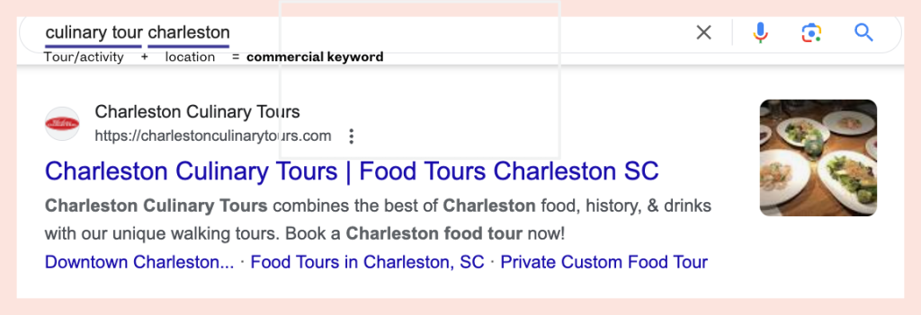 Screenshot showing a commercial keyword and the top result