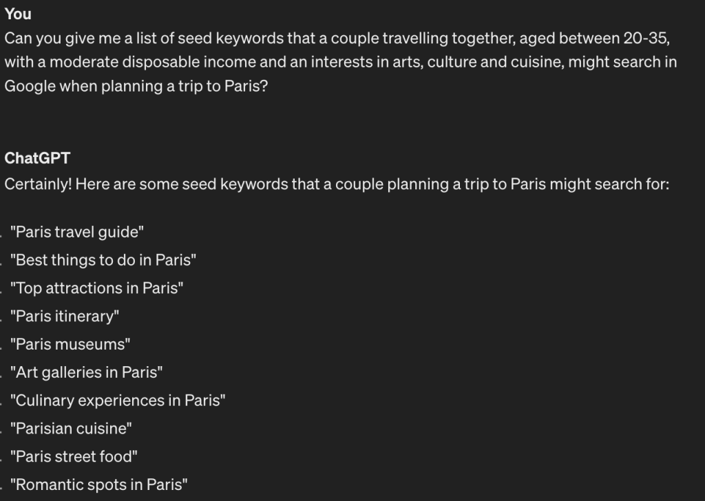ChatGPT prompt for tour keyword research