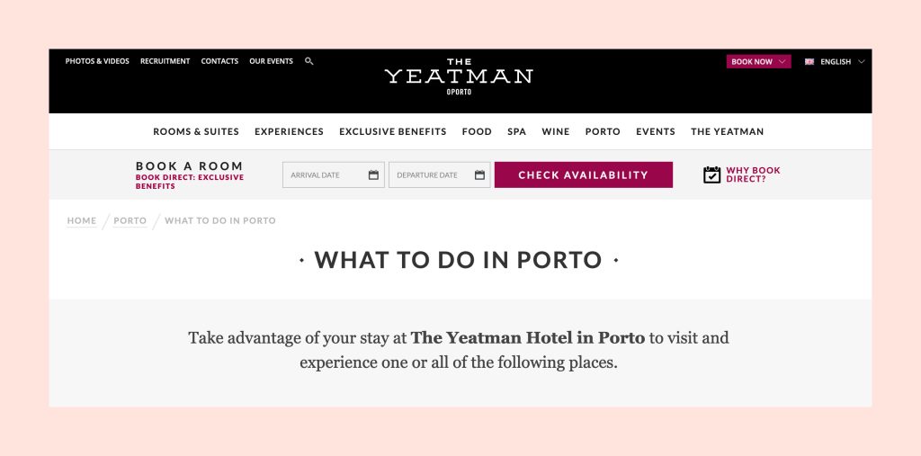 Screenshot example of a 'things to do' article on a hotel website